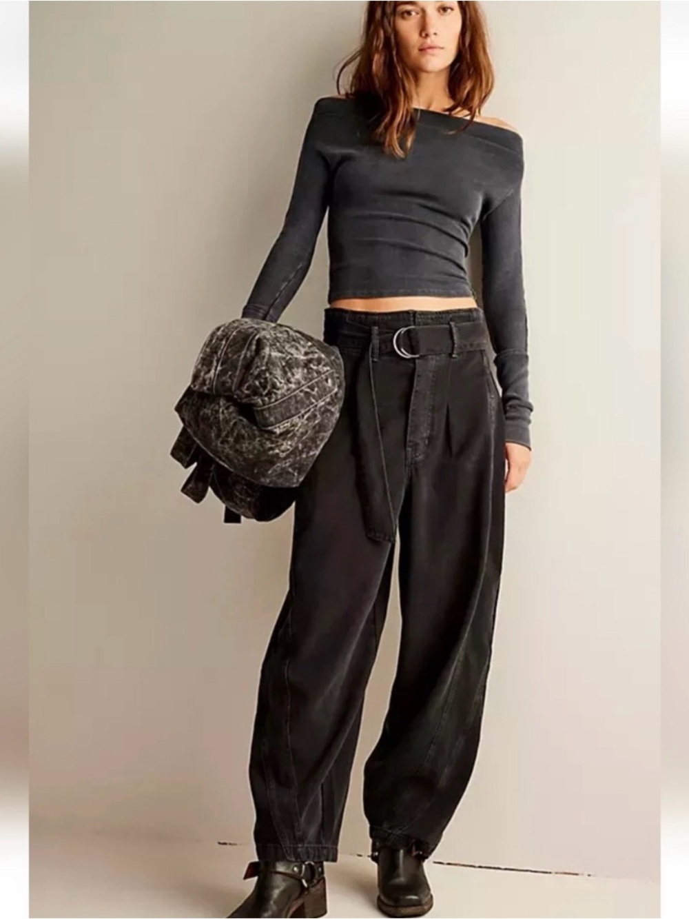 We The Free Peole Size XS Amsterdam High-Rise Barrel Jeans Black Belt Boho